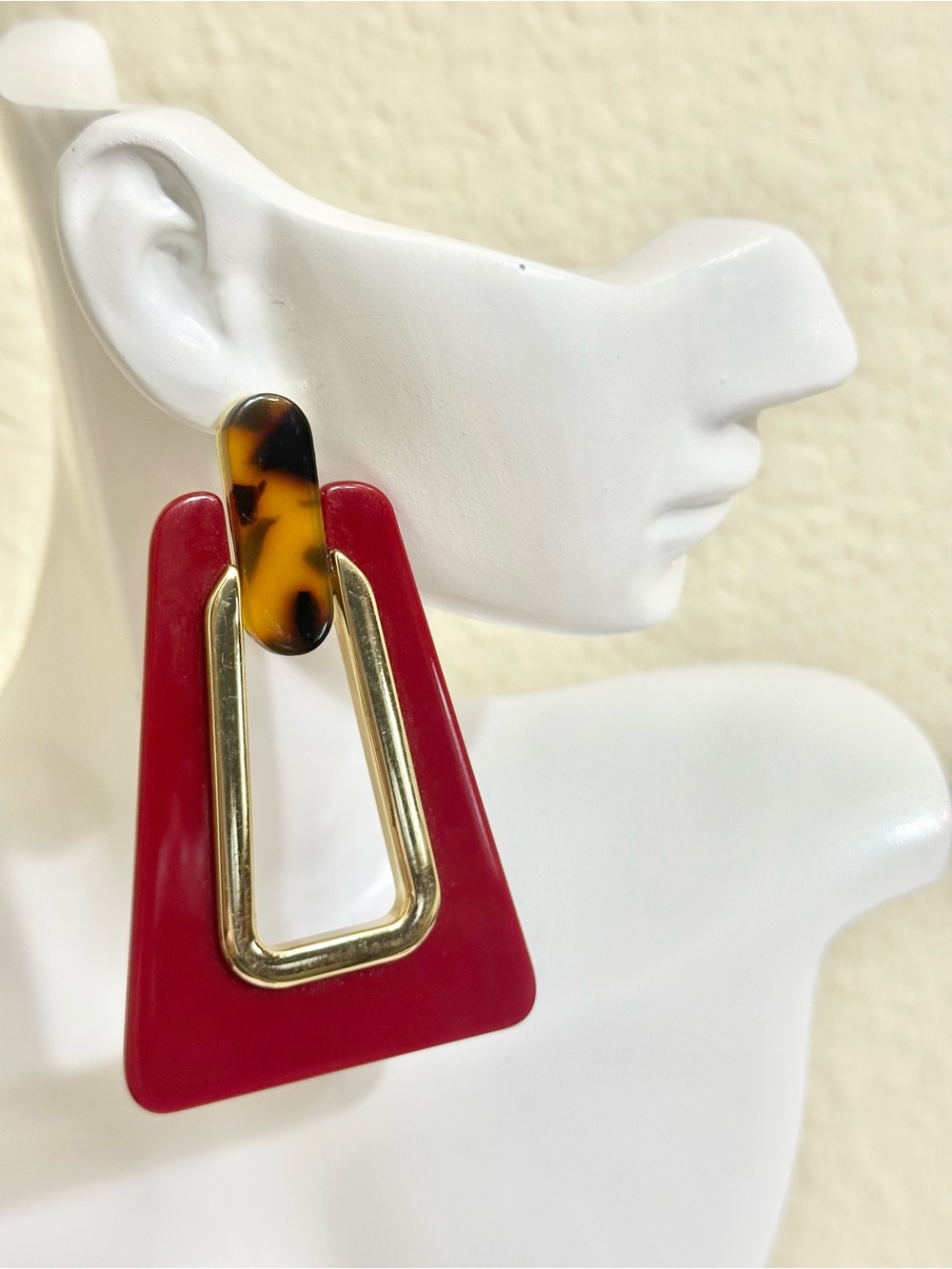 RM Red Geometric Drop Earrings with Tortoiseshell Accent